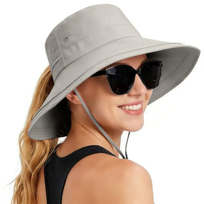 Rosoz Women Sun Hat with Ponytail Hole Wide Brim Bucket Hats UPF 50+ Beach Hiking Gardening Hat Water-Resistant Outdoot Hat - color: Light Grey