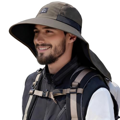 HUAMULAN Women Wide Brim Summer Sun Hat Ponytail Hole with Neck Flap - color: Armygreen With Black Mesh