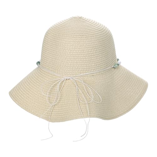 Womens Straw Sun Hat Wide Brim Summer Beach Hat with Beaded Trim Summer Foldable Floppy Hat for Travel Vacation UV Protection - color: Beige