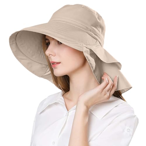 Womens Sun Hat UPF 50+ Wide Brim and Ponytail Hole, Hiking Safari Hat with Neck Flap… - color: Light Grey+beige