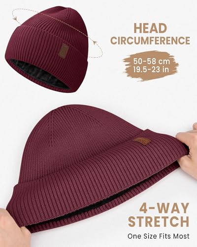 Fleece Lined Winter Beanie for Men Women Warm Windproof Beanies Hats Thick Knit Winter Hat for Cold Weather - color: Wine Red