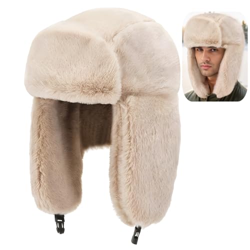 Cozy Plush Winter Hats Men Women Trapper Trooper Hat with Earflaps Windproof Russian Ushanka Hats Outdoor Skiing Cap - color: Beige