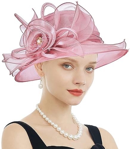 Women's Kentucky Derby Church Dress Hat Wide Brim Leaf Flower Bridal Shower Hat - color: F2 Pink Purple