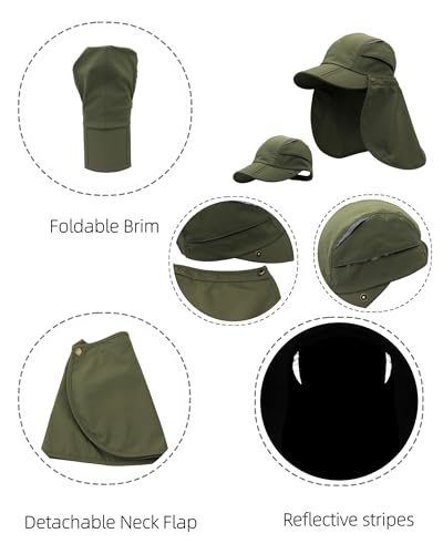 Men Women Safari Fishing Sun Cap with Removable Neck Flap UPF 50+ UV Protection Quick Dry Breathable Hats - color: Amry Green