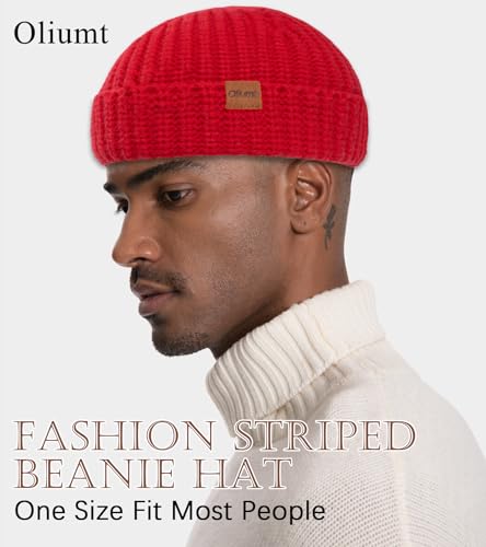 Fisherman Short Beanie Hats for Men, Knit Skull Cap Cuff Trawler Hat Mens Stylish Watch Cap Winter Warm Hat for Daily Wear - color: Red