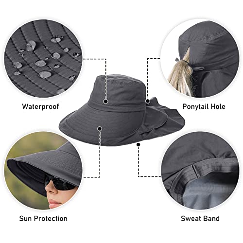 Womens Sun Hat UPF 50+ Wide Brim and Ponytail Hole, Hiking Safari Hat with Neck Flap… - color: Dark Grey