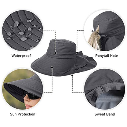 Womens Sun Hat UPF 50+ Wide Brim and Ponytail Hole, Hiking Safari Hat with Neck Flap… - color: Dark Grey