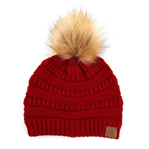 Funky Junque Cozy Ribbed Beanie with Luxurious Faux Fur Pom Pom - Warm Cable Knit Winter Skull Cap - color: Red W/Natural Pom