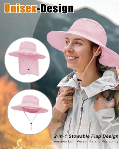 Outdoor Sun Hats with Stowable Neck Flap for Men Women UPF 50+ Mesh Summer Bucket Hat Wide Brim for Fishing Safari Hiking - color: Pink