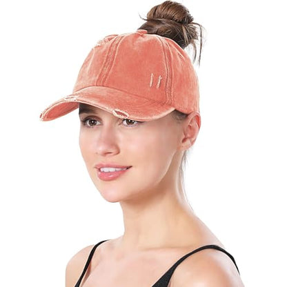 Criss Cross Ponytail Hat Women Washed Distressed Baseball Caps Adjustable High Messy Bun Ponycap - color: B - Denim Orange