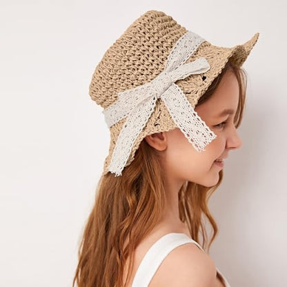 Girls Straw Hat with Flower Round Sunglasses, Summer Foldable Large Brim Sunflower Bowknot Beach Toddler Straw Sun Hat, 2-6T - color: Khaki-bow