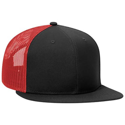 Ashen Fane 6 Panel Mid Profile Mesh Back Structured Trucker Adjustable Snapback Hat - color: Blk/Blk/Red