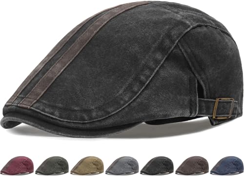 Initlove Mens Newsboy Cap Washed Beret Ivy Hat Flat Hats for Cabbie Driving - color: B Black