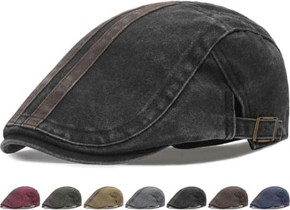 Initlove Mens Newsboy Cap Washed Beret Ivy Hat Flat Hats for Cabbie Driving - color: B Black