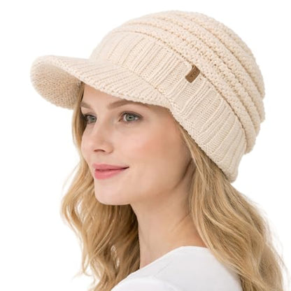 TOP-EX DryKnit Waterproof Visor Beanie for Women, Fleece Lined Winter Hat - color: Beige