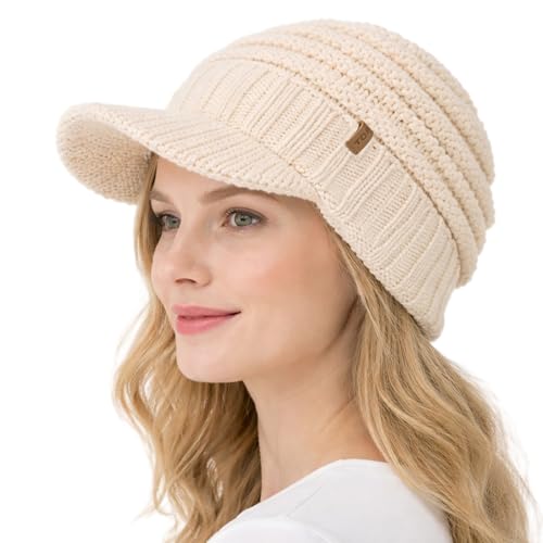 TOP-EX DryKnit Waterproof Visor Beanie for Women, Fleece Lined Winter Hat - color: Beige