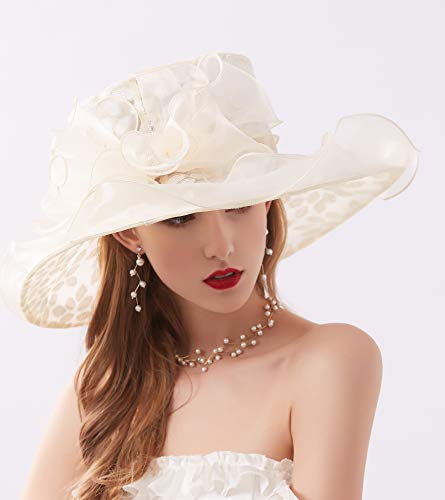 ORIDOOR Women’s Organza Church Tea Party Wedding Fascinator Derby Hat Wide Brim Sun Hats - color: Beige