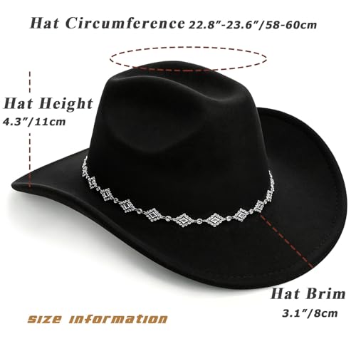 DRESHOW Women's Western Cowboy Hat Rhinestone Cowboy Cowgirl Hat Glitter Wide Brim Felt Fedora Hats Unisex Rolled up Caps - color: 1 Pack Style 11: Black