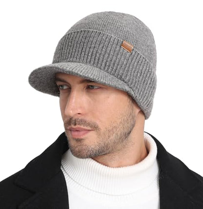 Wmcaps Men's Fleece Lined Brim Beanie, Thermal Winter Visor Hat Outdoor Cap - color: Gray