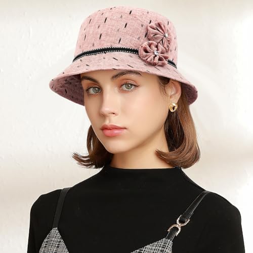 Glamorstar Vintage Felt Cloche Hat Winter Floral Fedora Bucket Hat Bowler Hats - color: Pink 4