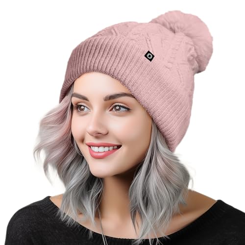 DALIX Cable Knit Pom Beanie Soft Stretch Skully Warm Fuzzy Faux Sherpa Winter Ski Beanie - color: Mauve
