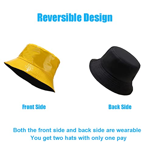 Reversible PU Leather Bucket Hats for Women Solid Color Double Wear Summer Hat Unisex - color: Yellow
