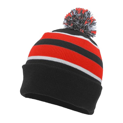 Pacific Headwear Unisex Adult Pacific Headwear Knit Fold Over Pom-pom Beanie - color: Black/Red/White, size: One Size