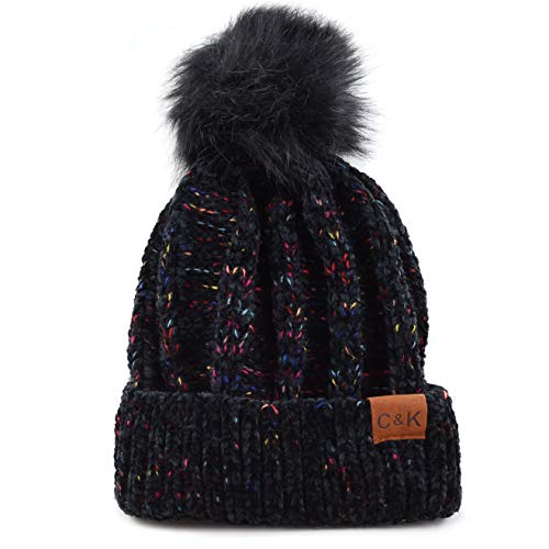 Women and Men Beanie Daily Winter Oversized Thick Stretchy Knitted Pom Pom Beanie Fleece Lined Beanie Hat - color: 3. Chenille Black