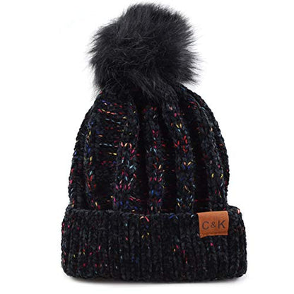Women and Men Beanie Daily Winter Oversized Thick Stretchy Knitted Pom Pom Beanie Fleece Lined Beanie Hat - color: 3. Chenille Black