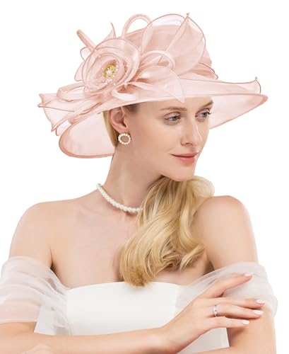 Women Organza Kentucky Hat Fascinator Tea Party Derby Hat Feather Wedding Church Head Ornament Sun Hats - color: 016-pale Pink