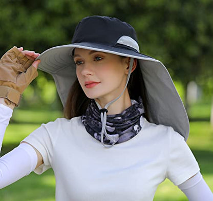 HUAMULAN Women Men Wide Brim Sun Hat Hiking Fishing Hats with Neck Flap - color: Hyp011-black