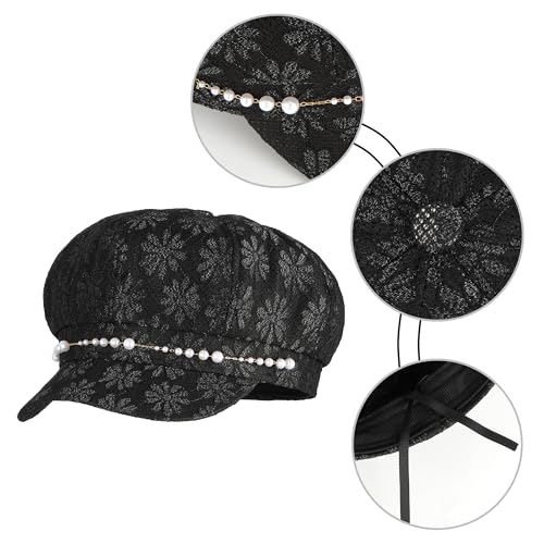 Women Pearl Chain Lace Cotton Blend Newsboy Cap Visor Paperboy Painter Hat - color: Black