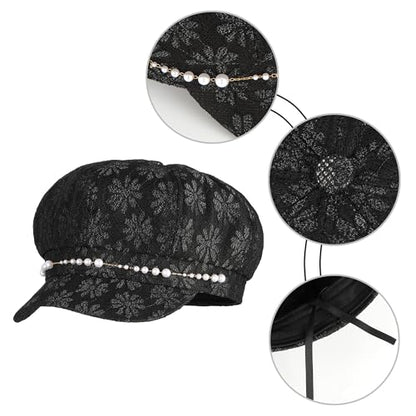 Women Pearl Chain Lace Cotton Blend Newsboy Cap Visor Paperboy Painter Hat - color: Black
