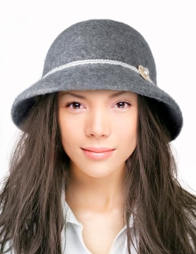 Dahlia Women's Winter Hat - Wool Vintage Cloche/Bucket Hat, Daisy Flower - color: Faux Pearl Gray