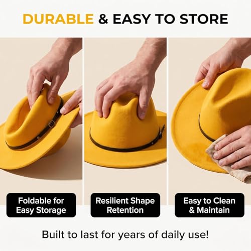 Fedora Hat with Belt Buckle Unisex Classic Felt Wide Brim Panama Hats Adjustable Church Jazz Cap for Women Men - color: Yellow