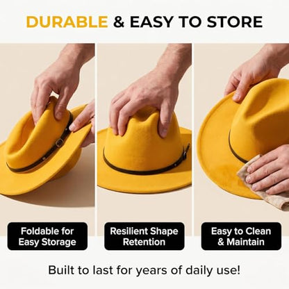 Fedora Hat with Belt Buckle Unisex Classic Felt Wide Brim Panama Hats Adjustable Church Jazz Cap for Women Men - color: Yellow