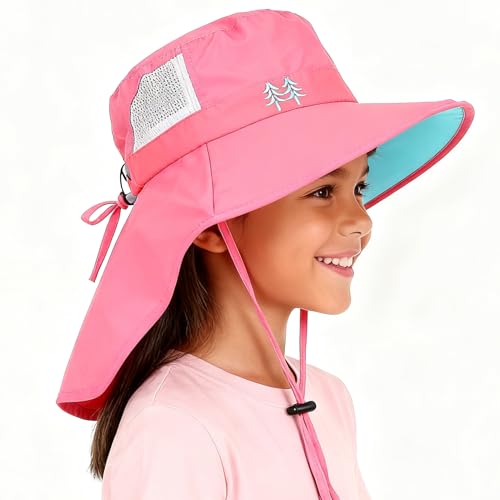 Kids Sun Hats UPF 50+ Sun Protection Hat for Kids with Neck Flap Adjustable Large Brim Beach Fishing Hat for Age 3-12 - color: Red+grey