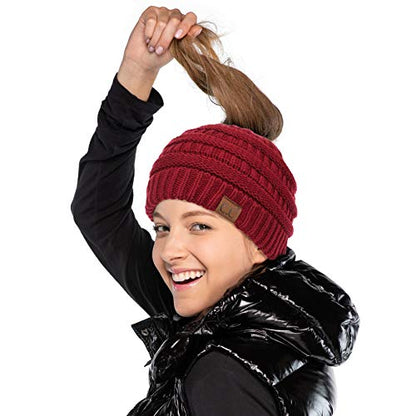 C.C Exclusives Soft Stretch Cable Knit Messy Bun Ponytail Beanie Winter Hat for Women (MB-20A) - color: Solid Burgundy