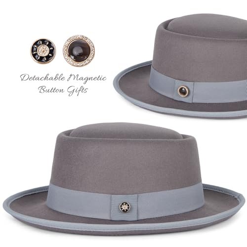 Fedora Hats for Men & Women Pork Pie Hat Flat Top Felt Hats Panama Wide Brim Dress Hat - color: Grey, size: Medium