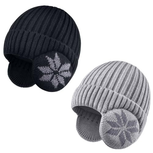 2 Pack Kids Beanie Winter Hat for 3-10 Years Cute Warm Fleece Lined with Ear Flaps for Boys and Girls - color: Black +Light Grey