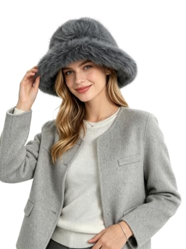 Lina & Lily Oversized Winter Faux Fur Bucket Hat for Women - Long Pile Fur Wide Moldable Brim - color: Dark Gray