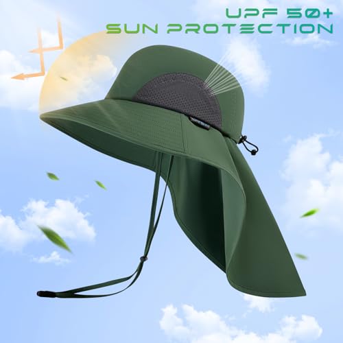 UPF 50+ Foldable Sun Hats Wide Brim with Large Neck Flap for Men Women UV Protection Gardening Fishing Beach Hat - color: Pack of 2, Light Grey & Green