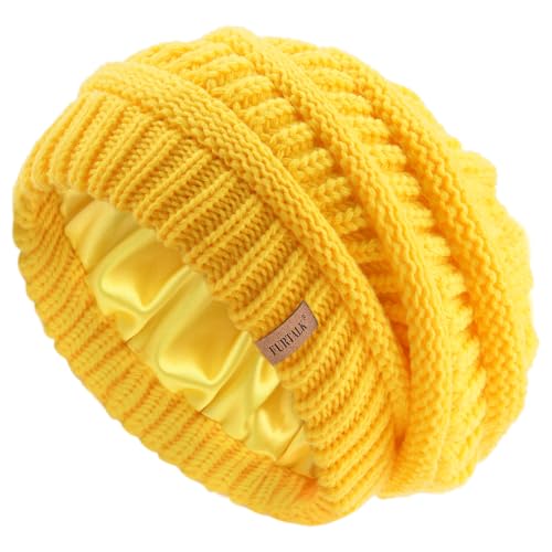 FURTALK Winter Beanie Hat for Women Satin Lined Cable Knit Chunky Slouchy Beanies Skull Warm Cap - color: Yellow