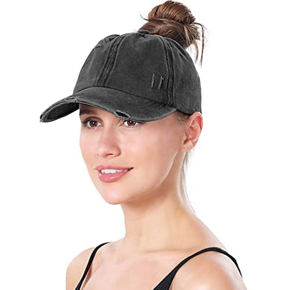 Criss Cross Ponytail Hat Women Washed Distressed Baseball Caps Adjustable High Messy Bun Ponycap - color: B - Denim Black