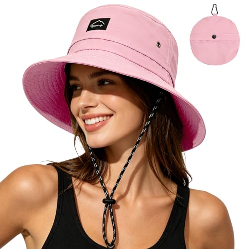 ZOORON Sun Bucket Hats for Women Men UPF 50+Packable Fishing Hats Quick Dry Waterproof Hiking Hat with Detachable Chin Strap - color: 1pack-pink