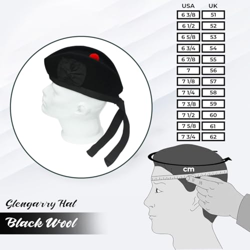 Glengarry Cap-Traditional Scottish Hat,100% Wool, Acrylic Wool Tartan,Kilts/Bagpipes Accessories,Polyester Cotton Ribbon - color: Plain Black Wool, size: 7 5/8