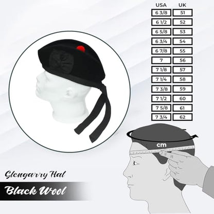 Glengarry Cap-Traditional Scottish Hat,100% Wool, Acrylic Wool Tartan,Kilts/Bagpipes Accessories,Polyester Cotton Ribbon - color: Plain Black Wool, size: 7 1/2