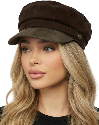 Funky Junque Greek Fisherman Newsboy Cap, Cotton Captains Bakerboy Hat - color: Faux Suede - Chocolate