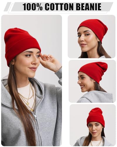 vidsel 100% Cotton Beanie Hat-Unisex Winter Knit Cuffed Beanies Skull Cap - color: 1-red