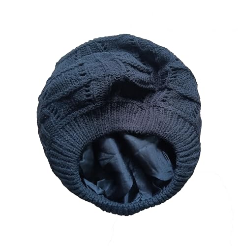 Women's Satin Lined Knitted Beret Ladies Winter Autumn Warm and Soft Beanie Hat Solid Color